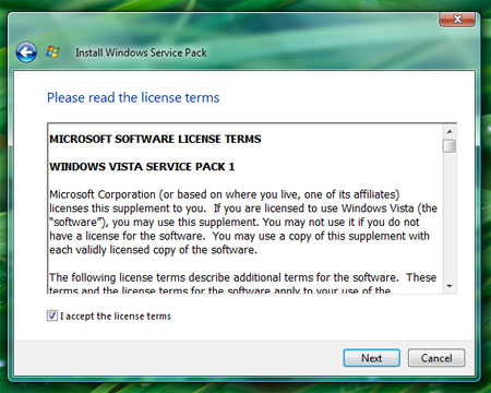 Install Windows Vista Service Pack 1 License