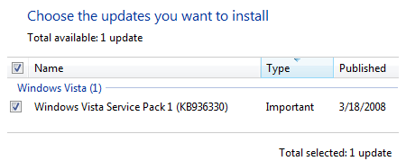 Windows Update choose Vista SP1